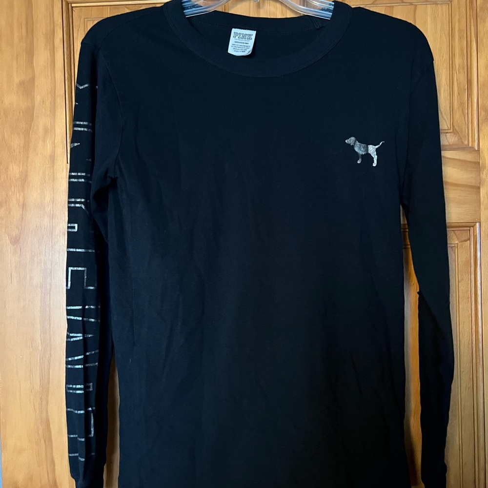 PINK Victoria's Secret Black Long Sleeve Tee with Sequin Dog Design - Picture 2 of 5